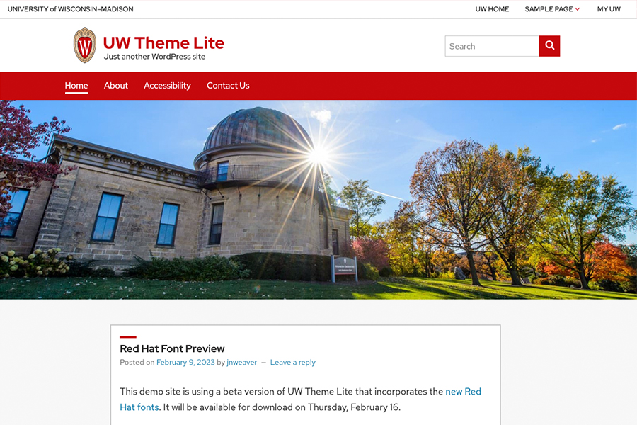 Browser screen shot of the UW Theme Lite front page